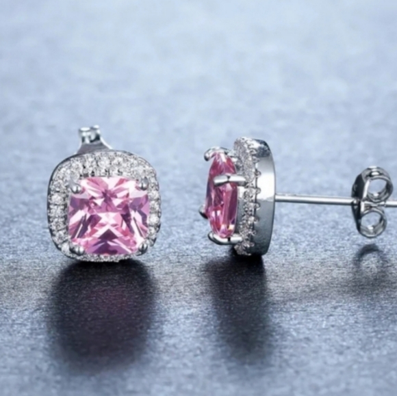 Halo Cushion Cut CZ Elegant Pink and Silver Stud Earrings - Picture 2 of 5